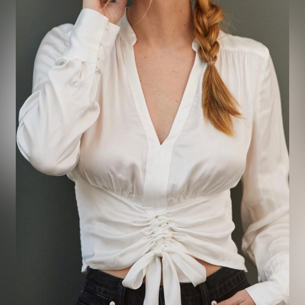 NWT Anthropologie white satin blouse with waist tie and long sleeves